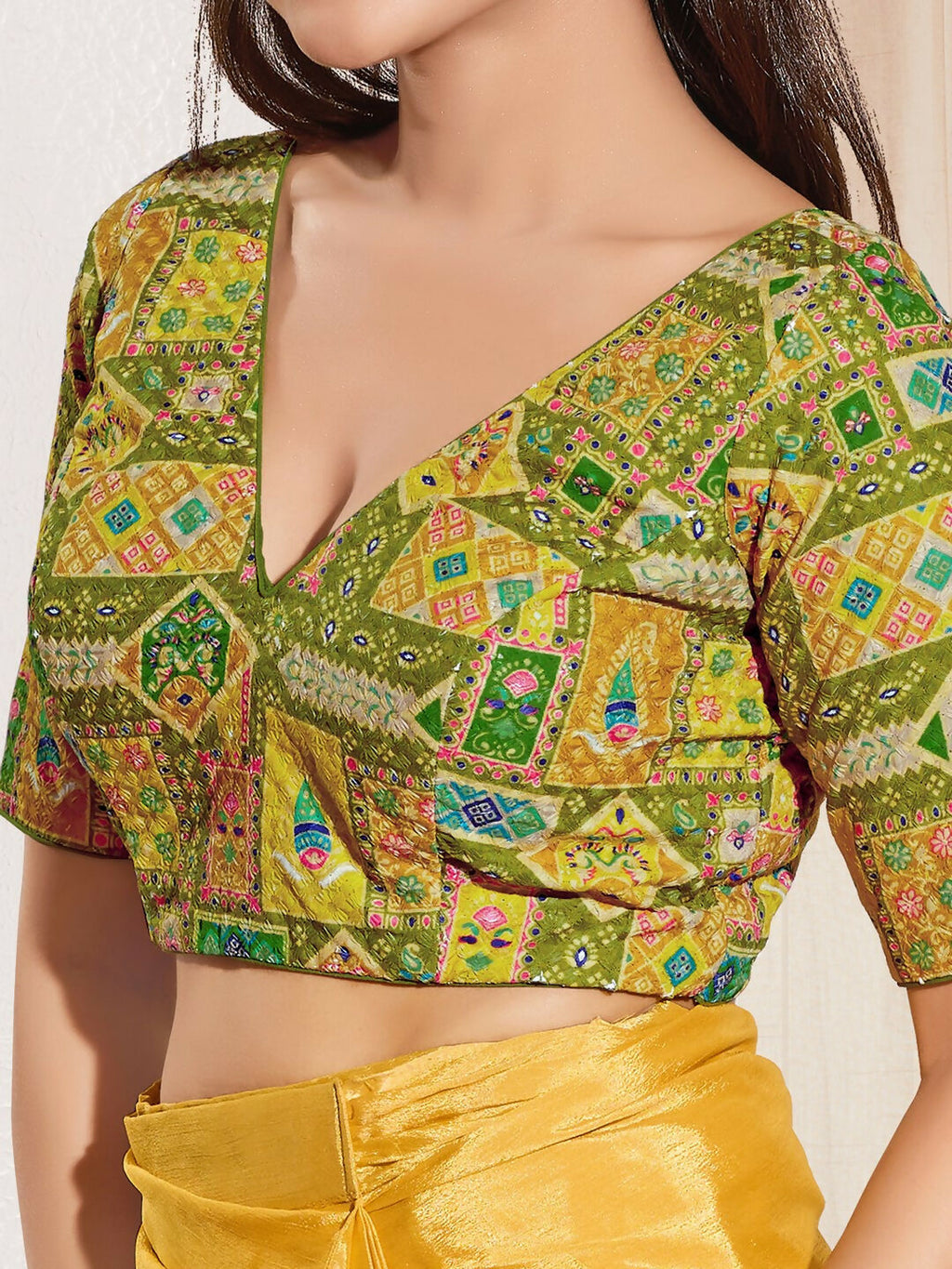 Joban Fashion Mehendi Green Viscose Rayon Padded Blouse With V Neck Elbow Sleeves
