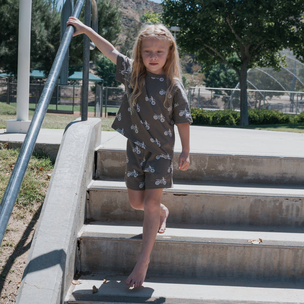 Dirt Bike French Terry Short Set for Kids - Grey and White