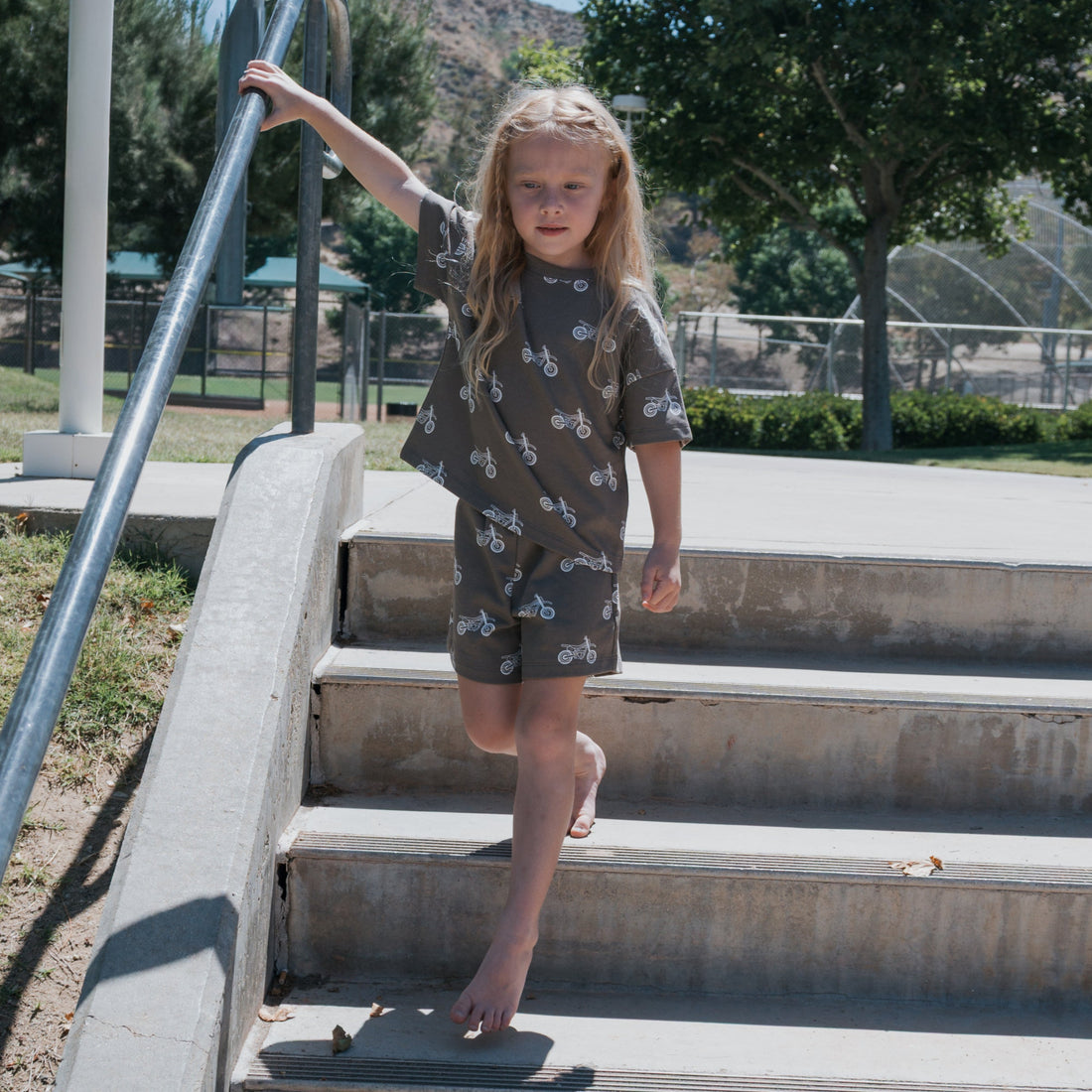 Dirt Bike French Terry Short Set for Kids - Grey and White