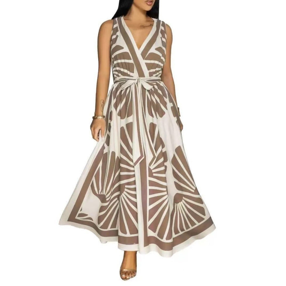 Backless V-neck dress with a tropical floral and geometric print and a large swing skirt