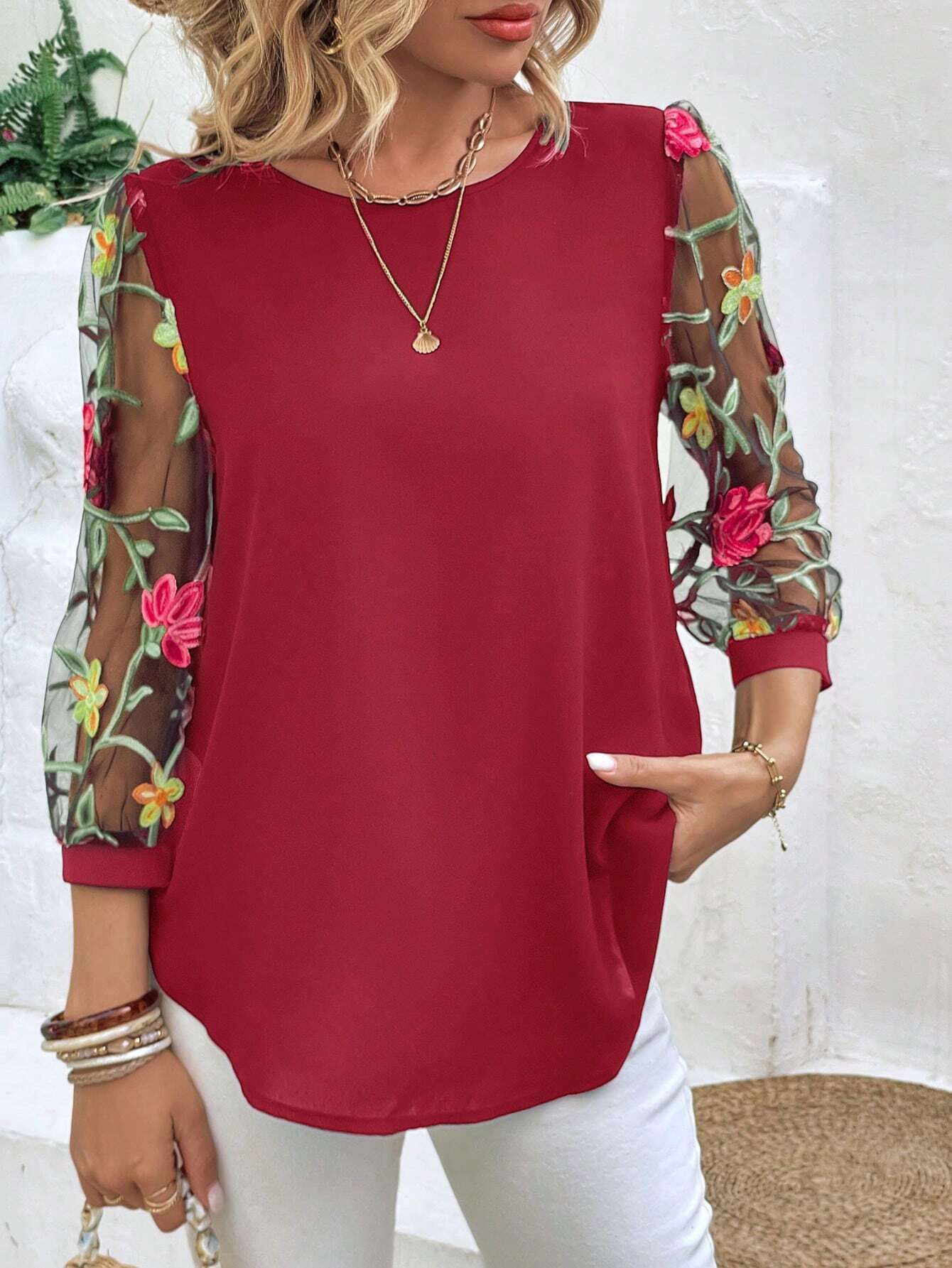 Women's Floral Mesh Sleeve Patchwork Top in Black, Navy, and Red - Image 8
