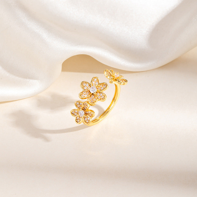 Three Flower Zirconia Open Bracelet For Women, 18K Gold, Six Flower Three-Leaf Zirconia Inlaid Bracelet, Open Bracelet