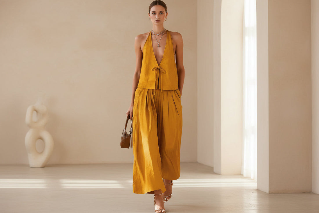 A woman wearing a matching sleeveless vest and wide-leg pants set in mustard yellow and beige