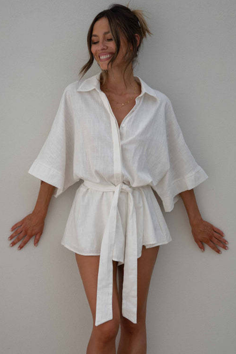 Tied Button Up Collared Neck Mini Romper | Cotton