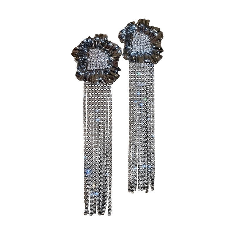 Women Heavy Craft Rhinestone Flower Tassel Dangle Stud Earrings,Luxury Statement Earrings For Banquet Party Occasion,Unique Trendy Light Luxury Fashion Jewelry