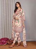 Women wearing a cream linen printed kurta set with notch neck and 3/4 sleeves