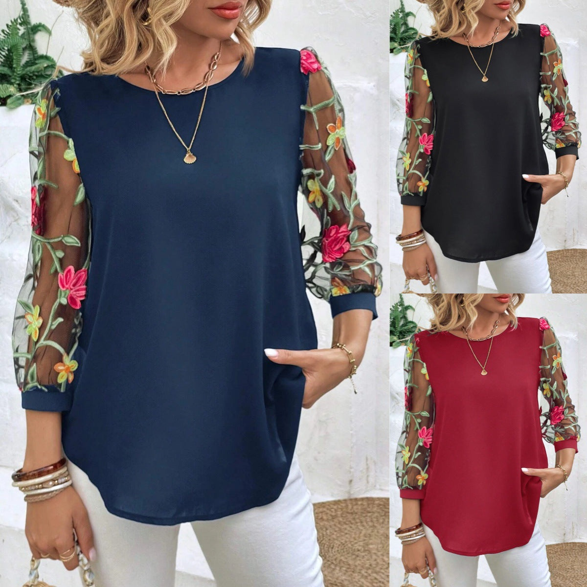 Women's Floral Mesh Sleeve Patchwork Top in Black, Navy, and Red - Image 2