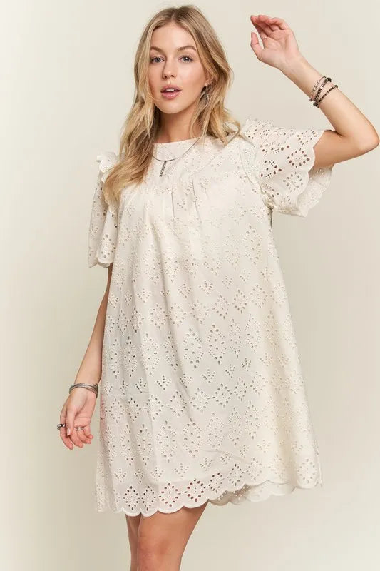 Ruffled Eyelet Round Neck Summer Dress for Garden Parties