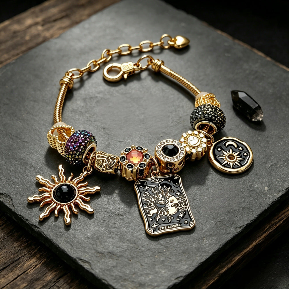 Retro Black-and-Gold Tarot Lovers Card Beaded Bracelet