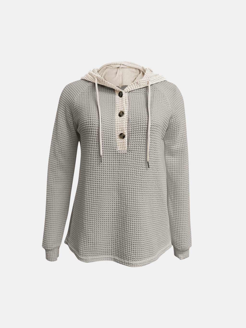 Women's Waffle-Knit Contrast Long Sleeve Hoodie with Buttons - Image 12