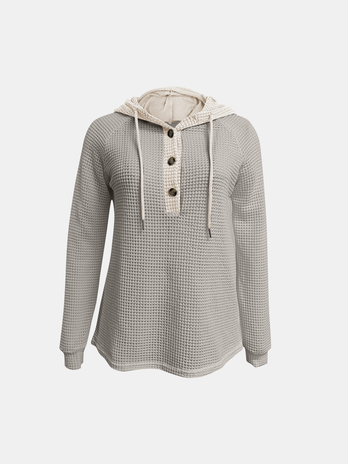 Women's Waffle-Knit Contrast Long Sleeve Hoodie with Buttons - Image 12