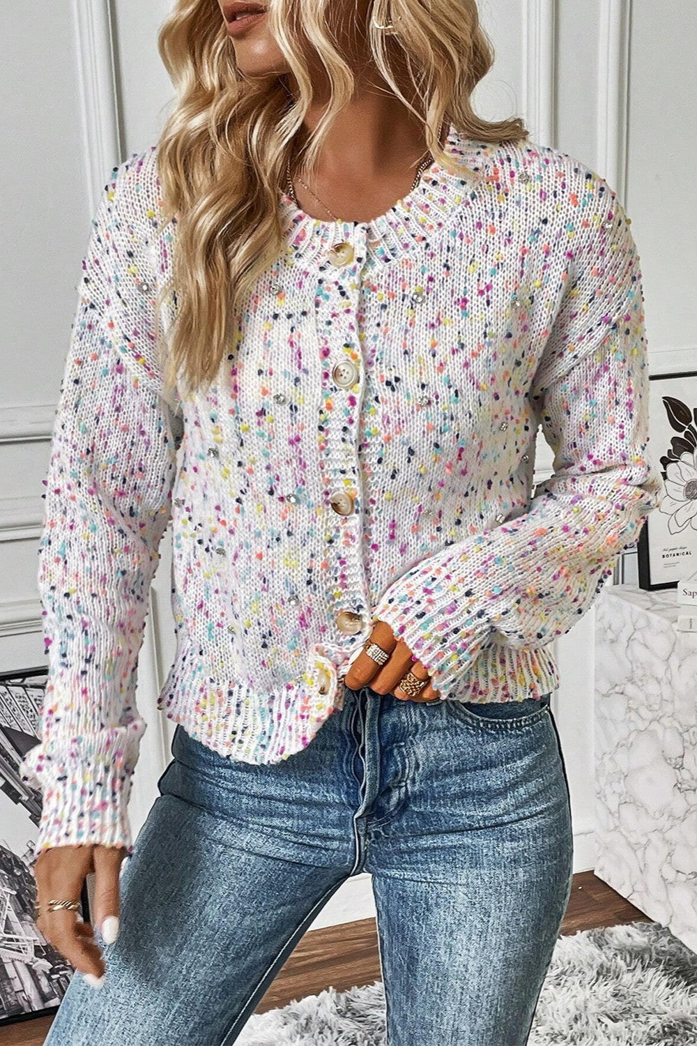 Women's Colorful Speckled Button-Down Knit Cardigan - Image 3