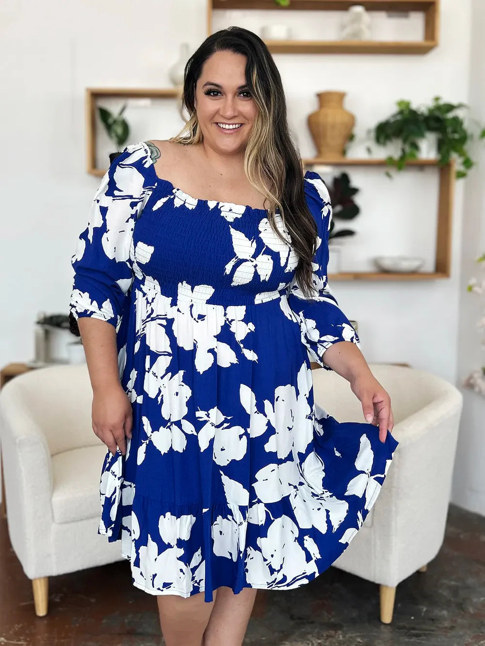 Floral Ruffle Hem Smocked Midi Dress with Pockets