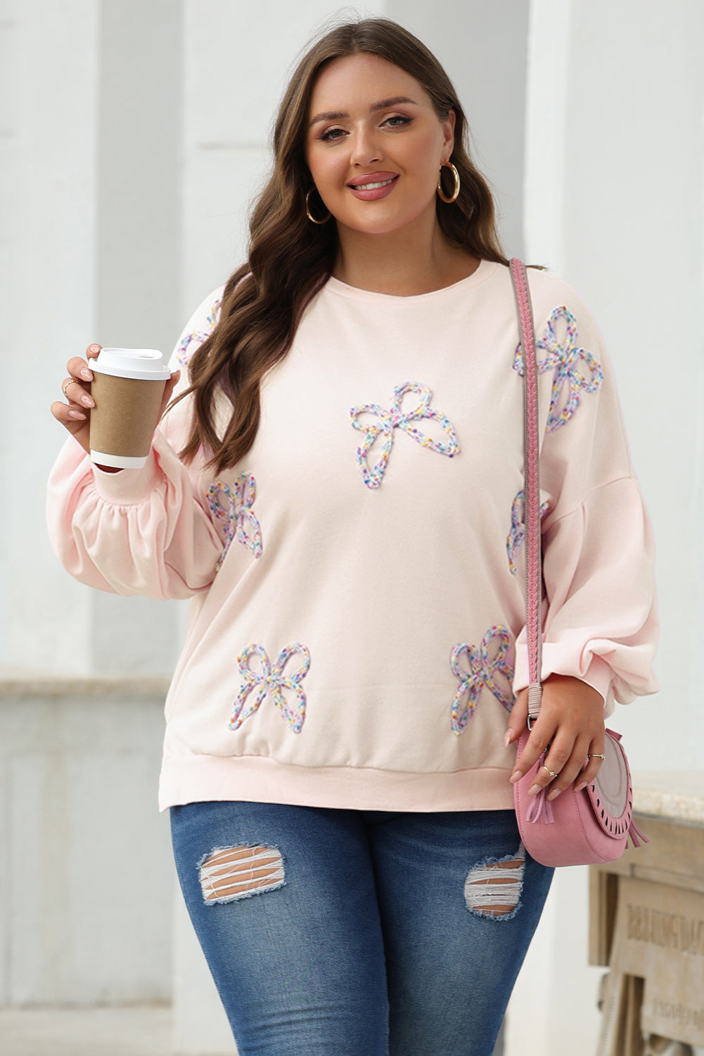 Parchment Embroidered Bow Lantern Sleeve Oversized Sweatshirt