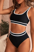 Black Contrast Trim U Neck High Waist Bikini Set
