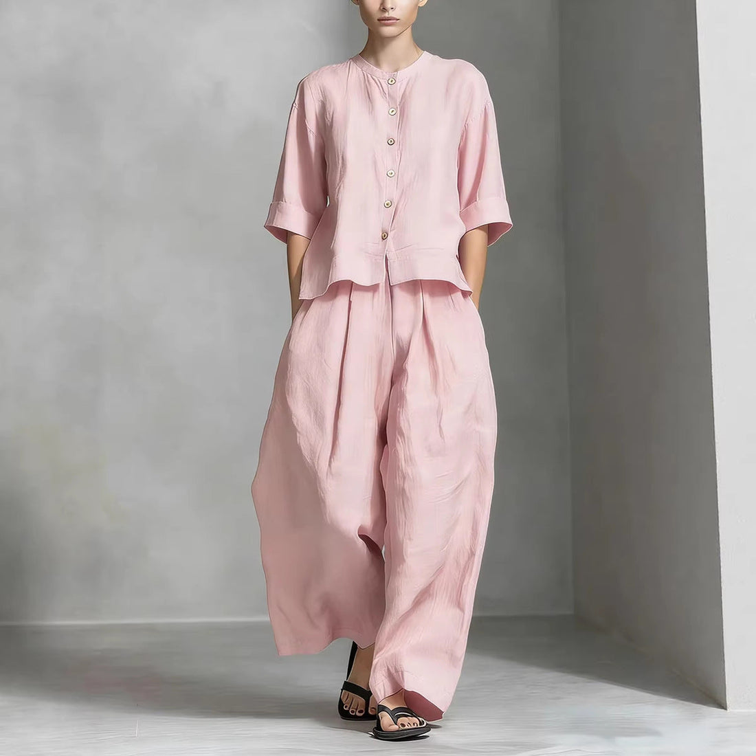 Three-Quarter Sleeve Shirt & Loose Trousers Two-Piece Set