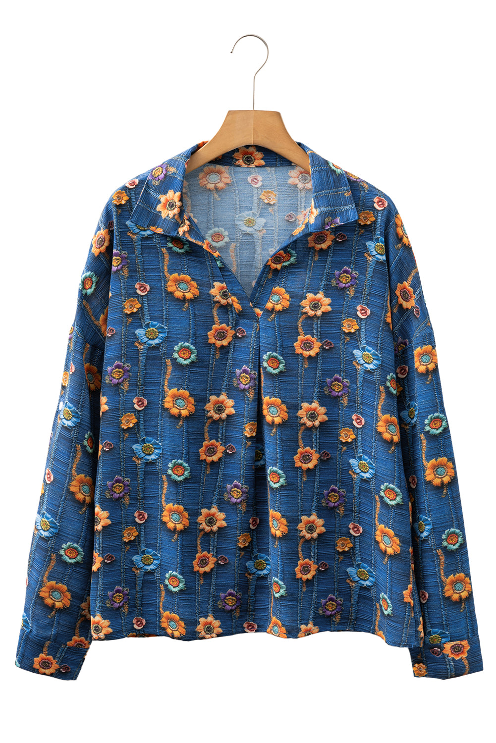 Floral Patchwork Long Sleeve Collared V-Neck Blouse