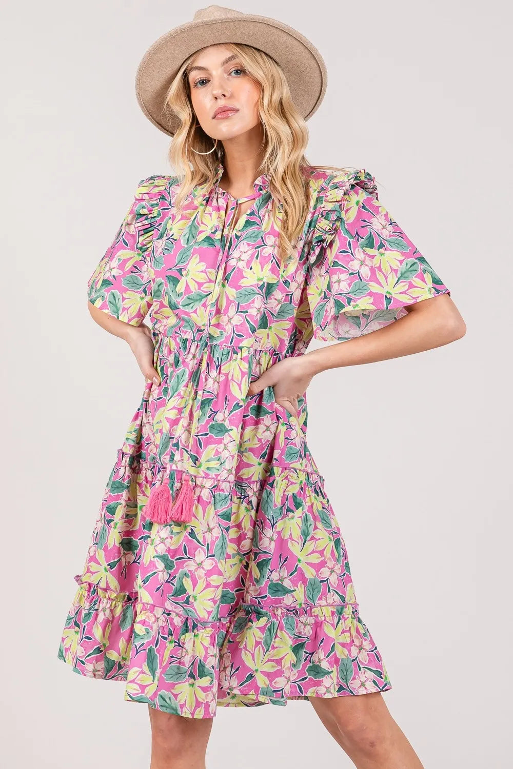 SAGE + FIG Floral Ruffle Cotton Mini Dress | Short Sleeve