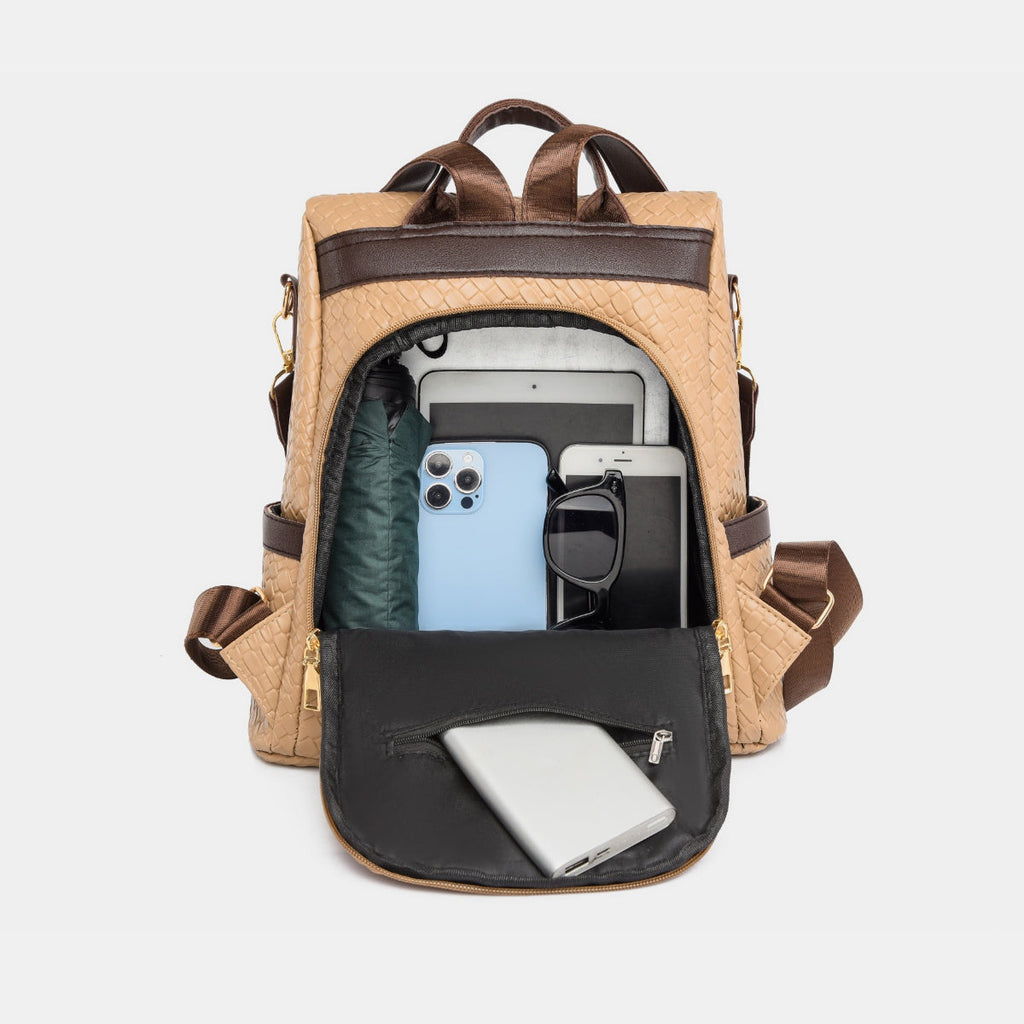 Woven Texture PU Leather Backpack Convertible Shoulder Bag