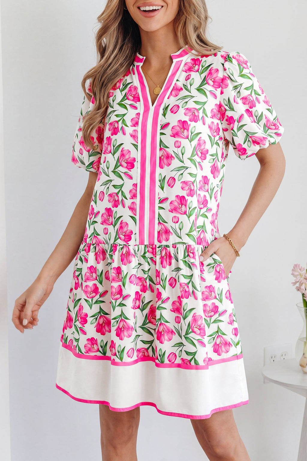 Aliya Floral Print Short Dress with Block Trim