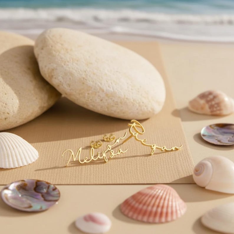 Custom Script Name Stud Earrings in Gold-Tone Finish