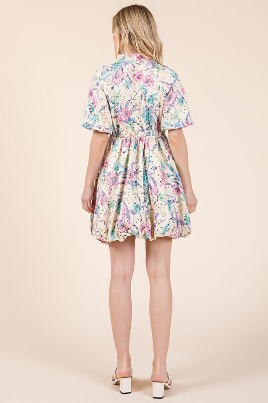 Floral Eyelet Lace Puff Sleeve Mini Shirt Dress