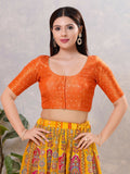 Women's Orange Silk Round Neck Stitched Blouse in smooth fabric
