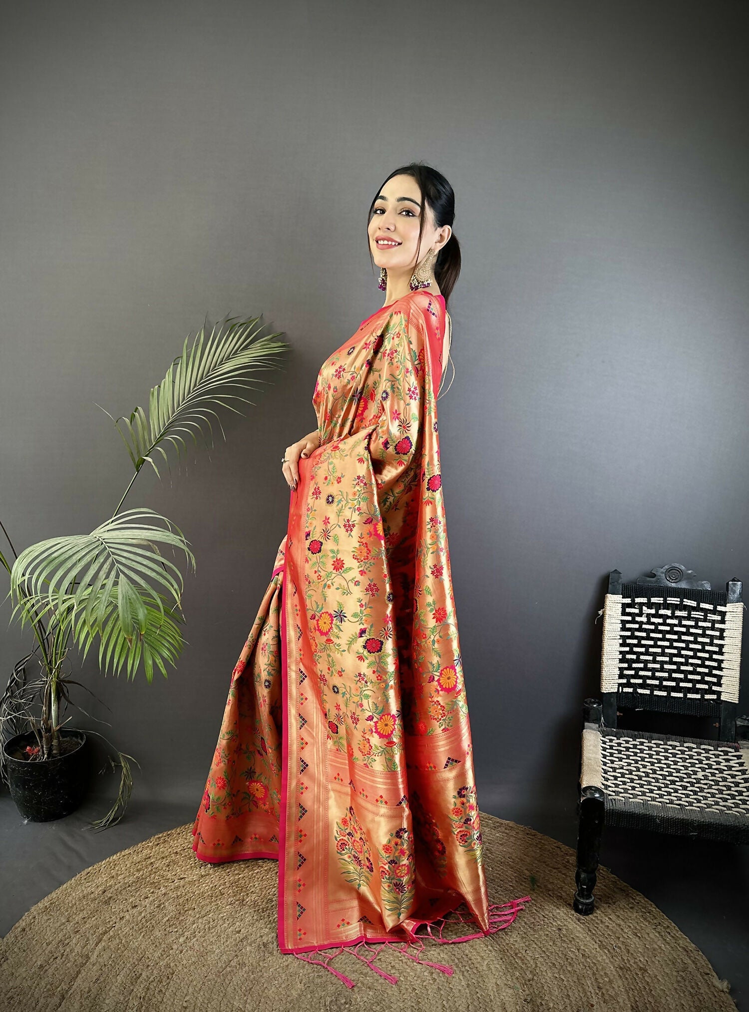 Peach Floral and Leaf Motif Soft Silk Paithani Saree