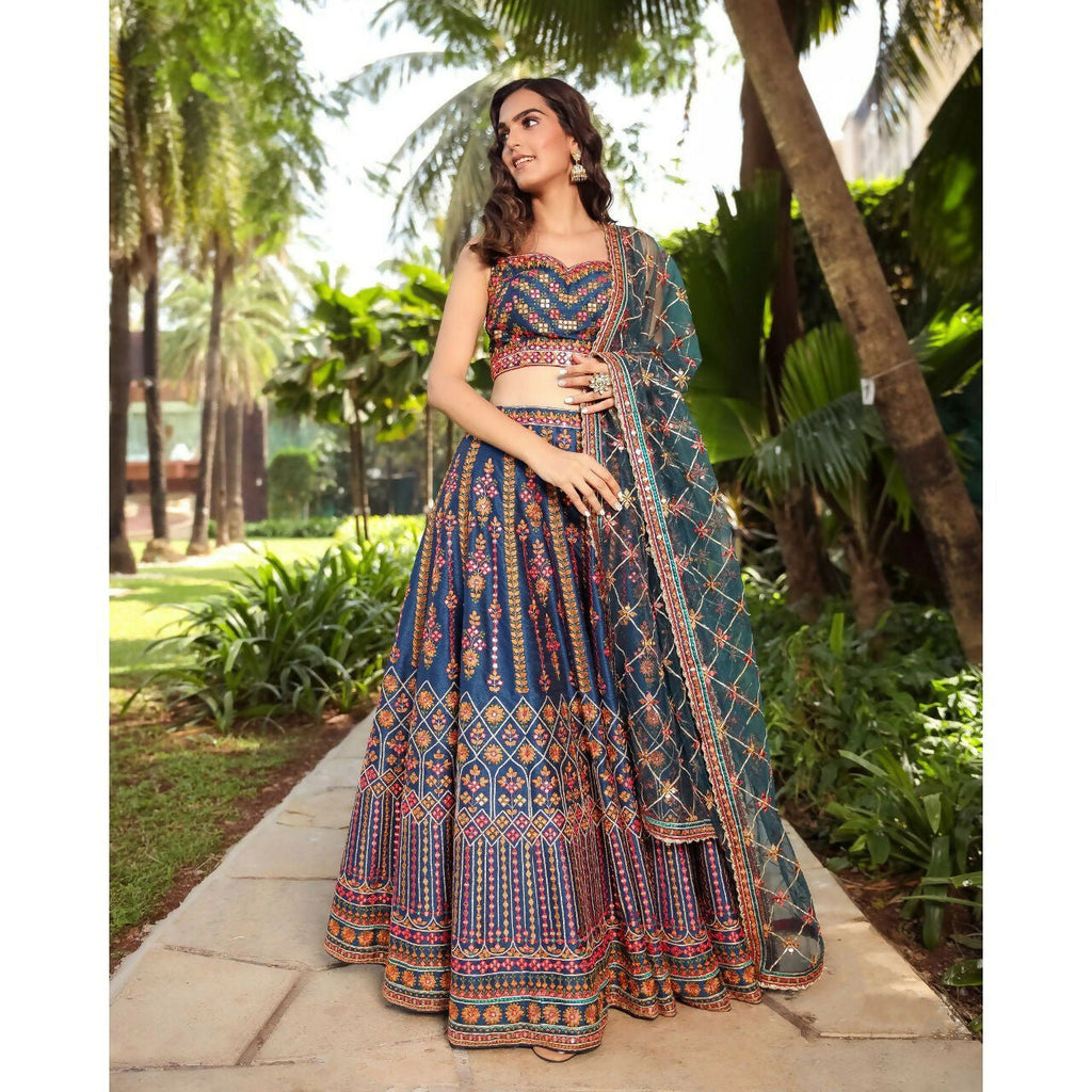 Blue Chinon Lehenga Choli with 3MM & 9MM Sequins Embroidery