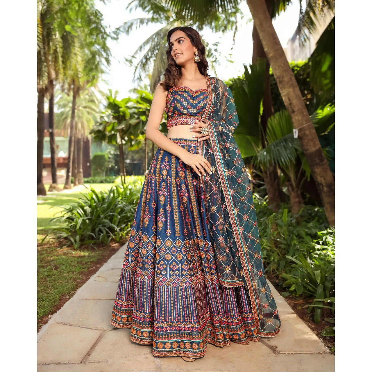 Blue Chinon Lehenga Choli with 3MM & 9MM Sequins Embroidery