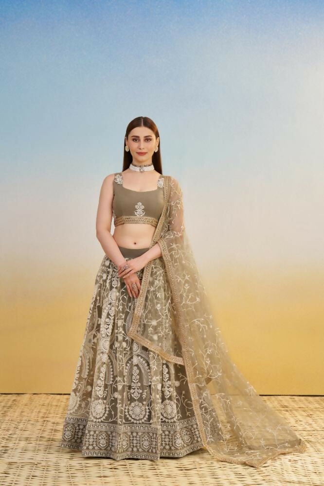 Ivory butterfly net lehenga choli featuring white cotton thread and sequence embroidery