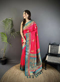 Hot pink Banarasi soft silk saree with peacock woven motifs