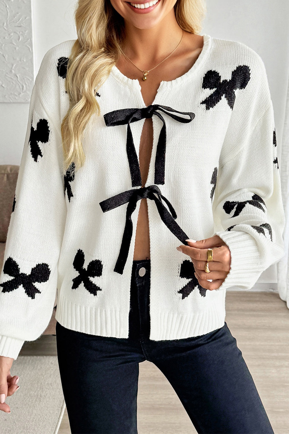Bow Tie Lace-Up Sweater Cardigan
