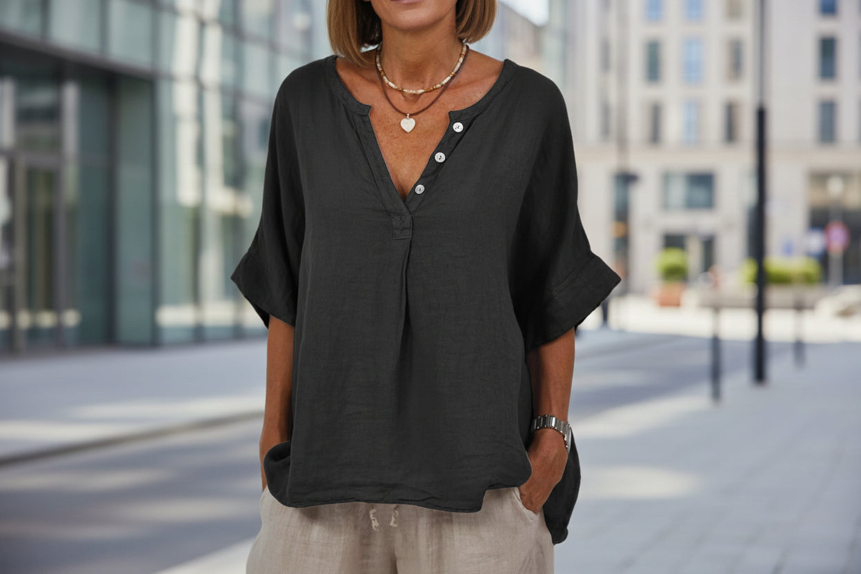 Women's Cotton Linen V-Neck Button-Up Shirt Casual Top - Image 3
