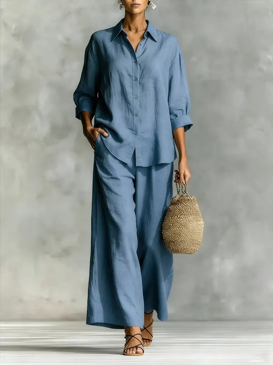 Cotton-Linen Button-Down Shirt and Wide-Leg Pants Two-Piece Set - Image 3