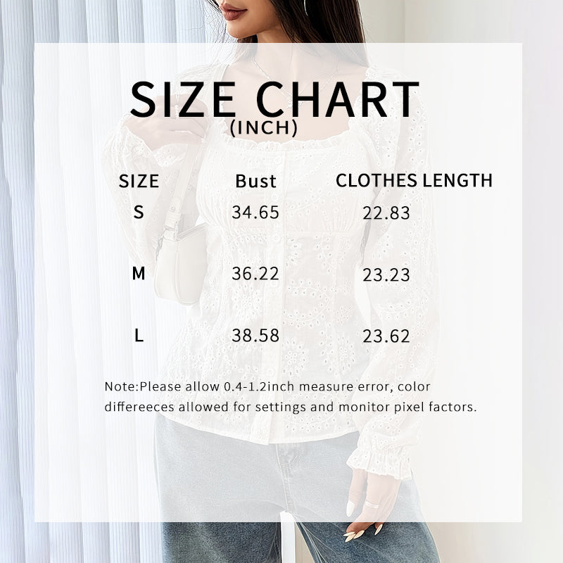 White Square Neck Eyelet Lace Blouse with Puff Sleeves - Image 2