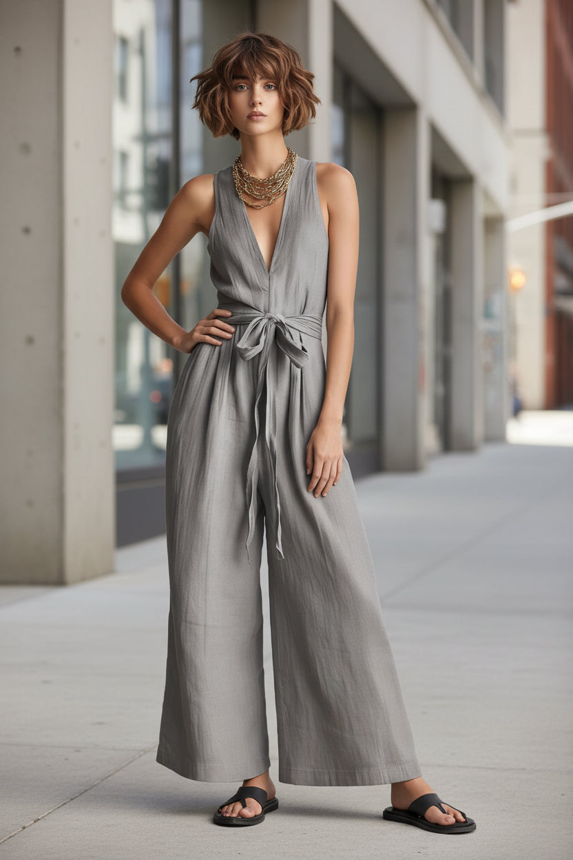 Women's V-Neck Sleeveless Jumpsuit with Waist Tie in Gray - Image 6