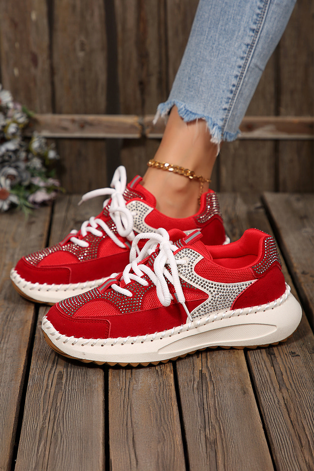 White Rhinestone Platform Sneakers Casual Lace Up Trainers