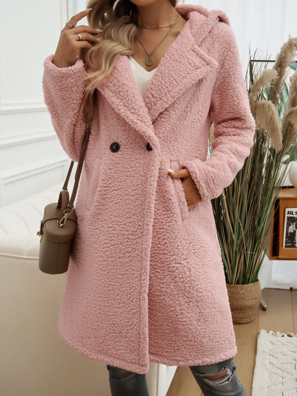 Women's Long Sleeve Hooded Teddy Coat with Button Closure - Image 12