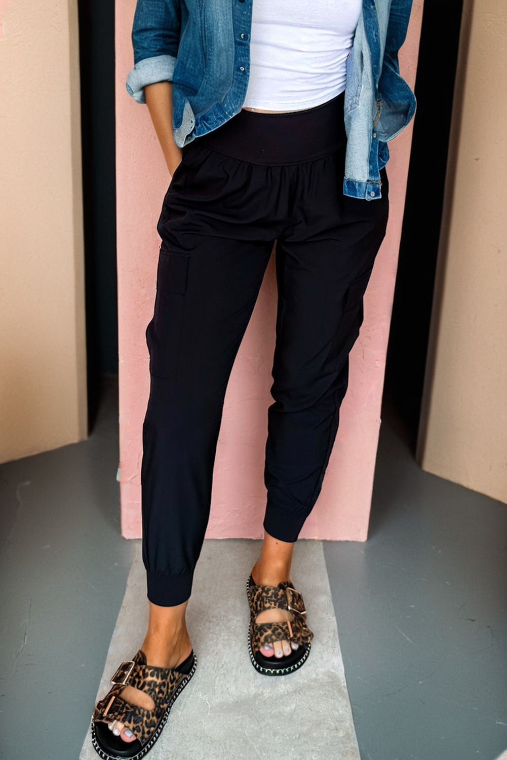 Camel Elastic High Waist Pocketed Cargo Jogger Pants