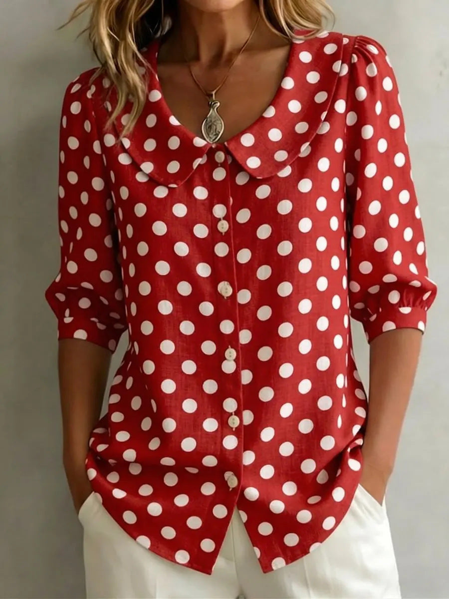 Women's Red Retro Polka Dot Three-Quarter Sleeve Button Down Shirt - Image 6
