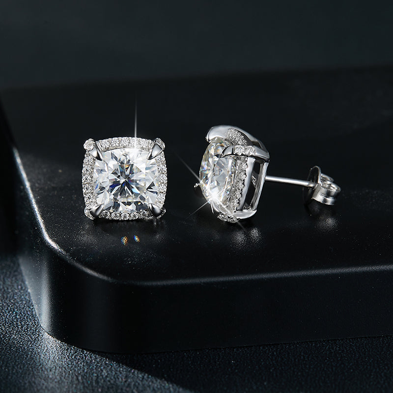 Cushion Cut Moissanite Halo Stud Earrings in Sterling Silver