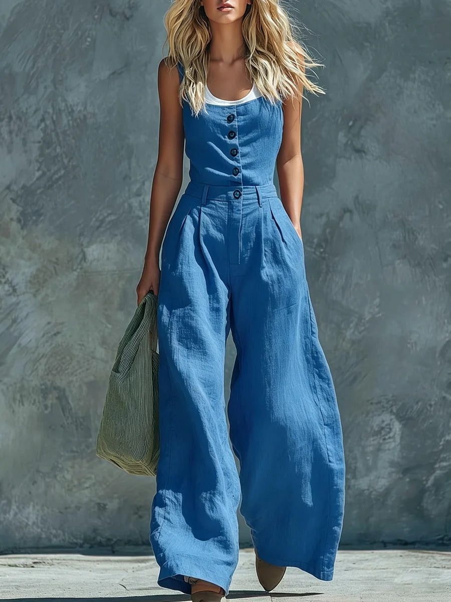 Women's Retro Button-Front High-Waist Wide-Leg Jumpsuit - Image 5