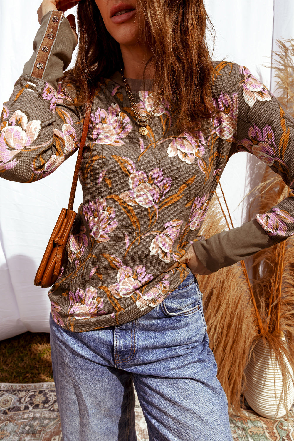 Floral Waffle Textured Long Sleeve Top