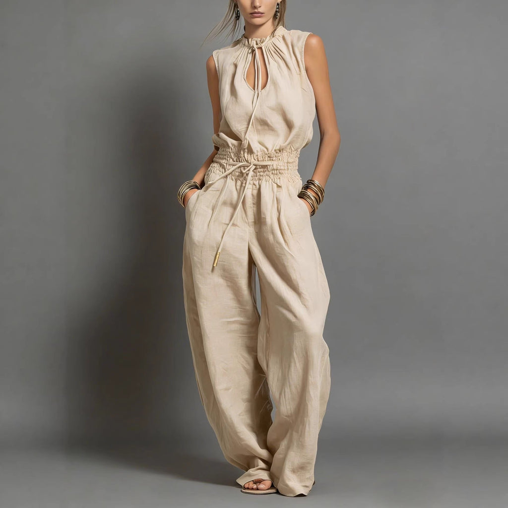 Navy Blue Sleeveless High-Waist Wide-Leg Jumpsuit with Tie-Waist - Image 3