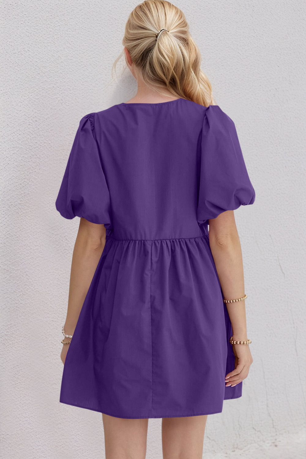 Ruched Puff Sleeve Mini Dress with Bow Detail