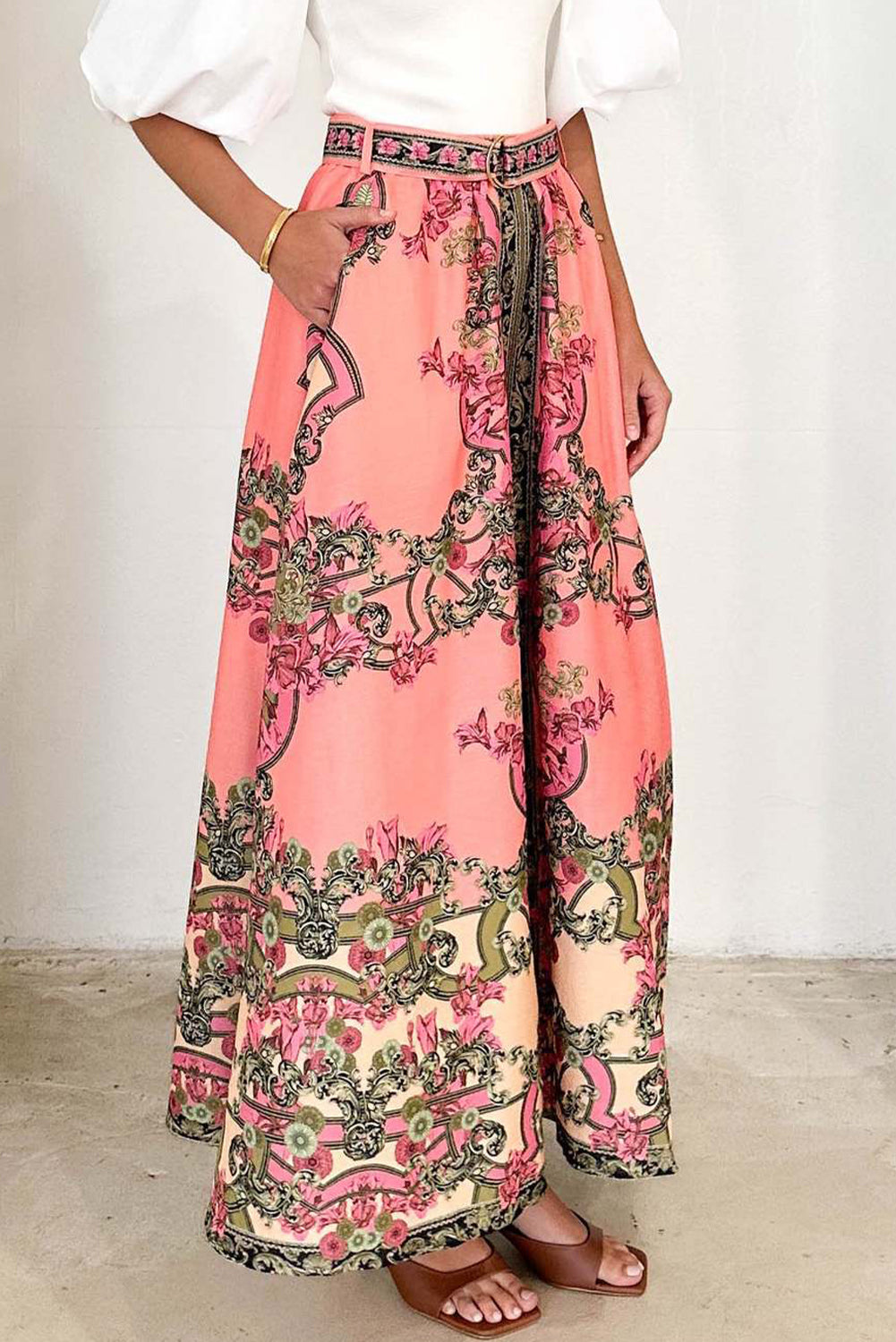 Pink Boho Abstract Print Beltd High Waist Skirt