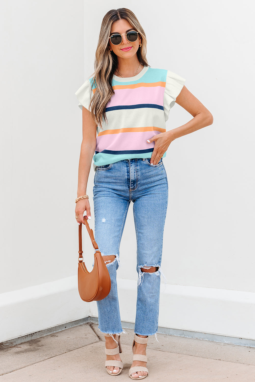 Yasmin Striped Flutter Sleeve Patchwork Knit Top - Image 4