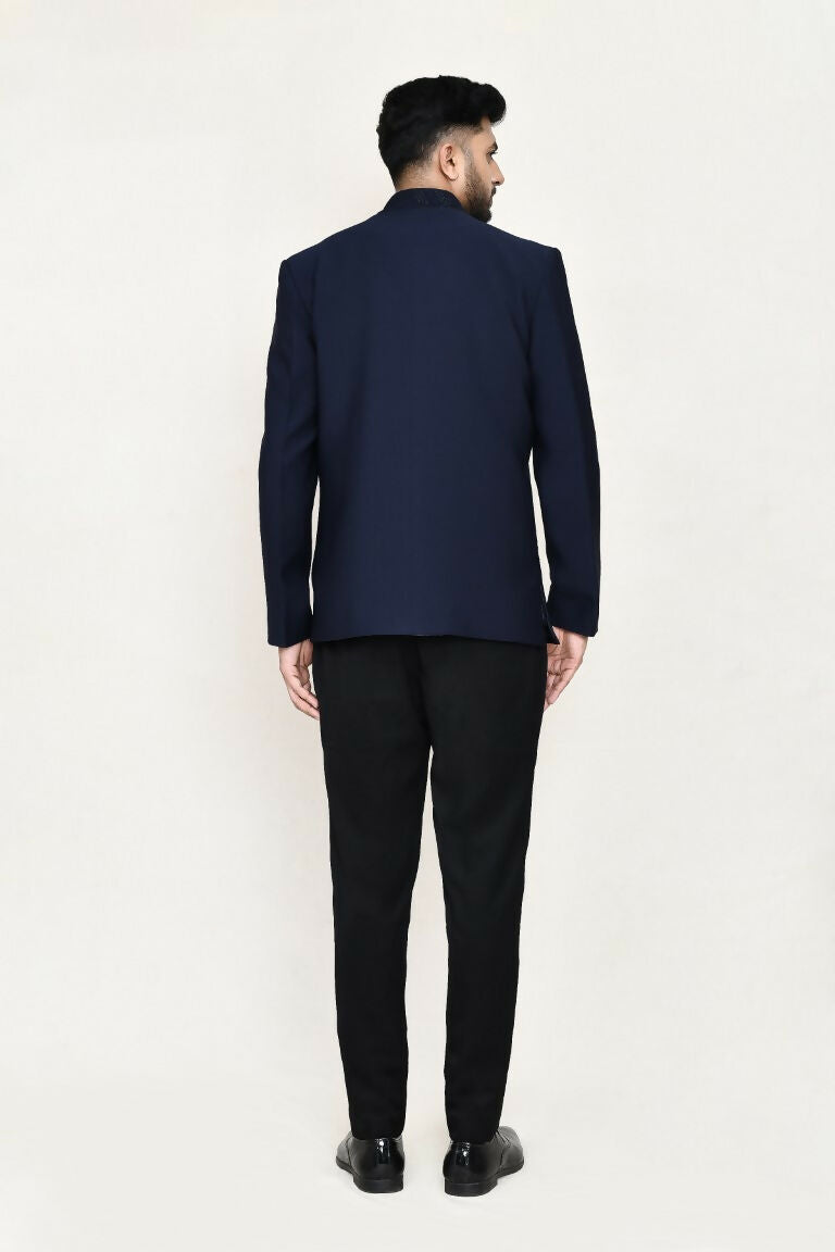 Blue Geometric Pattern Open Prince Coat with Trouser Set