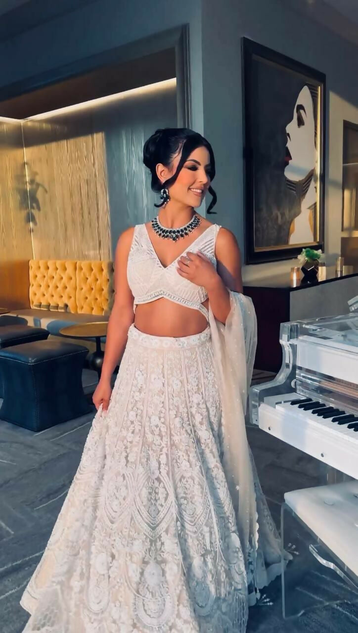 Off White Georgette Sequins Embroidered Designer Lehenga Set